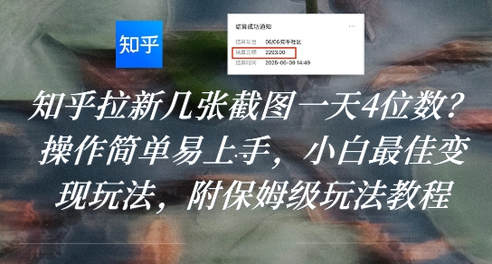 知乎拉新几张截图一天4位数？操作简单易上手，小白最佳变现玩法，附保姆级玩法教程-网创副业教程