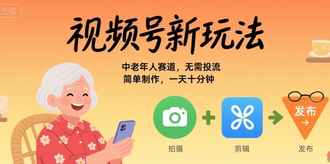 视频号新玩法，中老年人赛道，无需投流，简单制作，一天十分钟，月入1W-网创副业教程