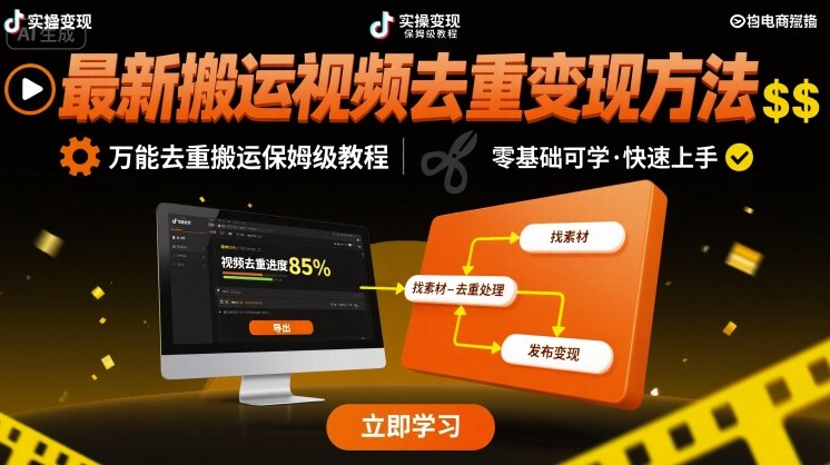 最新搬运视频去重变现方法，万能去重搬运保姆级教程-网创副业教程