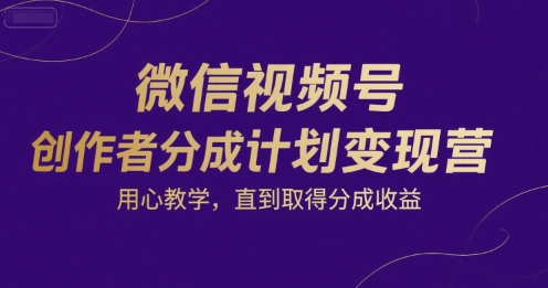 微信视频号创作者分成计划变现营，用心教学，直到取得分成收益-网创副业教程