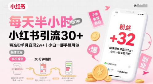 每天半小时小红书引流30+，精准粉单月变现2w+，小白新手一部手机可做，今天5分钟硬核实操-网创副业教程