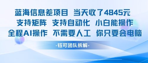 蓝海信息差项目当天收米1k+ 支持矩阵支持自动化小白能操作全程AI操作不需要人工你只要会电脑-网创副业教程
