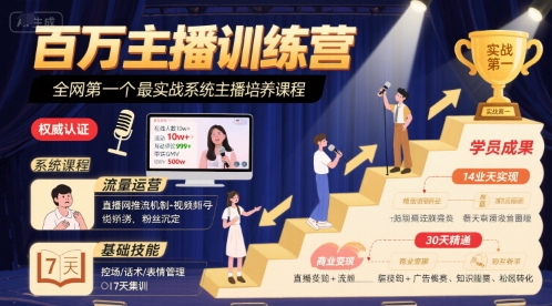 百万主播训练营，全网第一个最实战系统主播培养课程-网创副业教程
