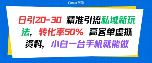 日引 20-30 精准引流私域新玩法，转化率50% 高客单虚拟资料，小白一台手机就能做-网创副业教程