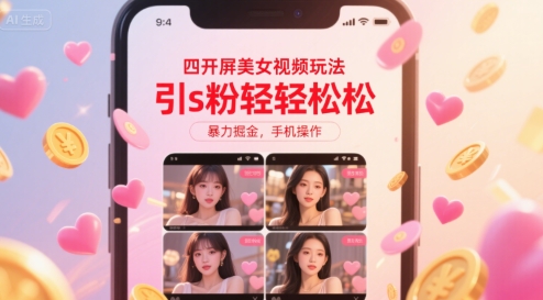 四开屏美女视频玩法，引s粉轻轻松松，暴力掘金，手机操作【揭秘】-网创副业教程