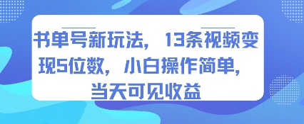 书单号新玩法，13条视频变现5位数，小白操作简单，当天可见收益-网创副业教程