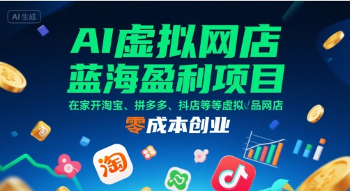 AI虚拟网店蓝海盈利项目，在家开淘宝、拼多多、抖店等虚拟品网店，零成本创业-网创副业教程