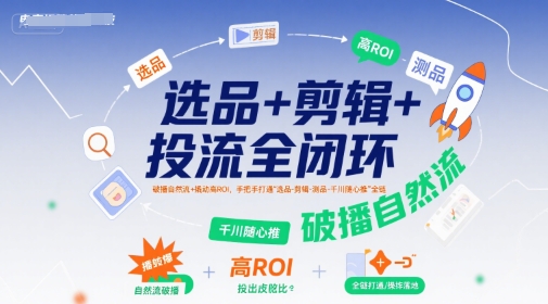 选品+剪辑+投流全闭环，破播自然流+撬动高ROI，手把手打通“选品-剪辑-测品-千川随心推”全链-网创副业教程