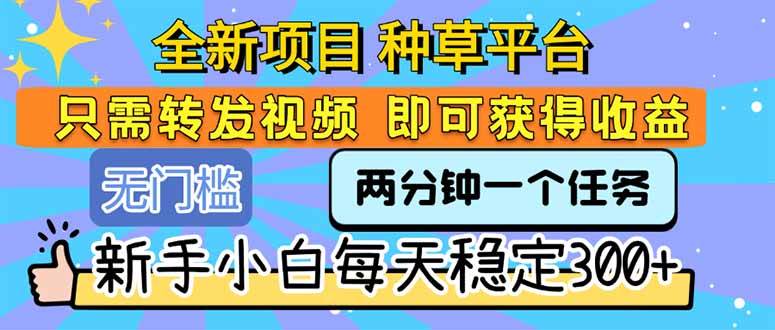 （15413期）全新项目 种草平台 只需要转发任务视频 即可获得收益 新手小白每天300+-网创副业教程