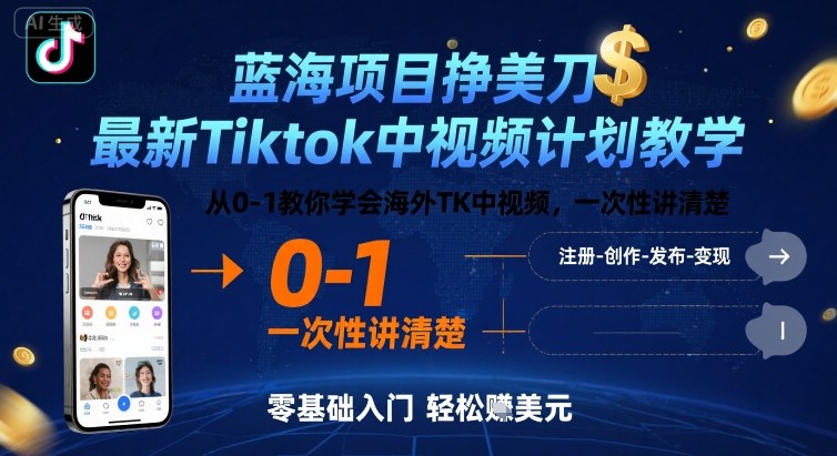 蓝海项目挣美刀，最新Tiktok中视频计划教学，从0-1教你学会海外TK中视频，一次性讲清楚-网创副业教程